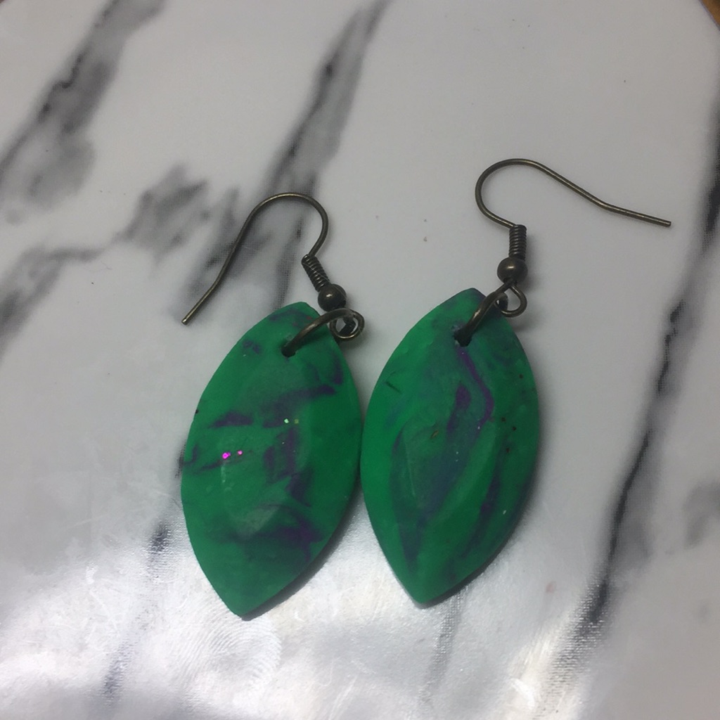 Handmade Polymer Clay Earrings-Green/Purple Dangle